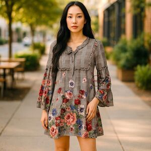 Coco + Carmen Long Sleeve Floral Knee Length Dress S/M